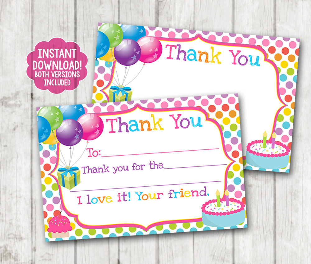 Instant Download Printable Birthday Thank You Cards, Balloons pertaining to Printable Free Thank You Cards For Birthday