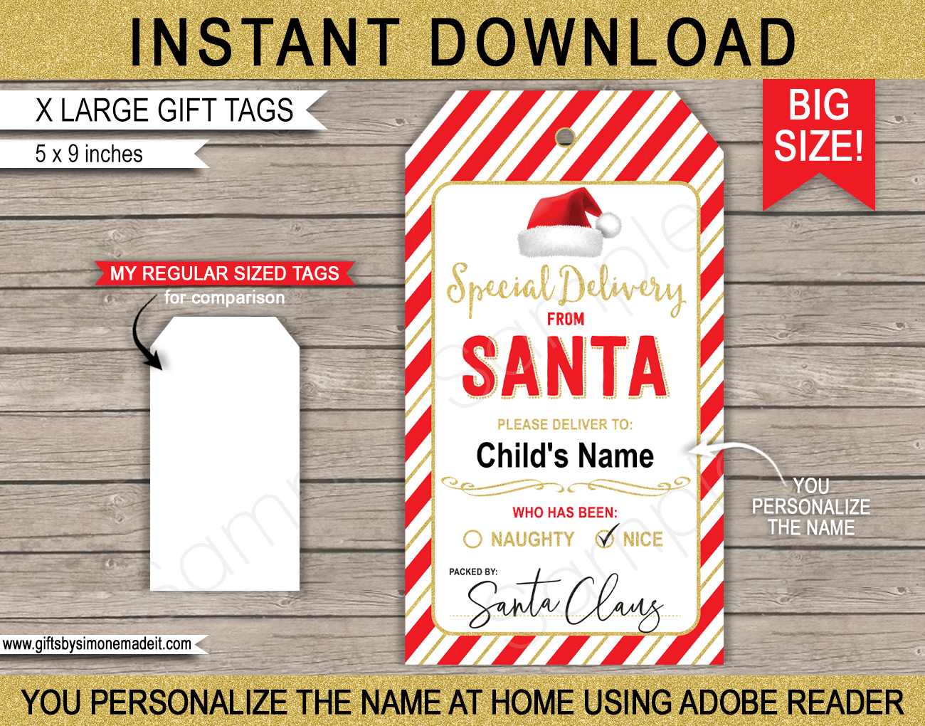 Large Santa Christmas Gift Tags - Red &amp;amp; Gold within Large Printable Christmas Gift Tags
