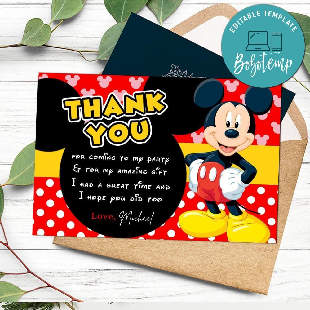 Mickey Mouse Thank You Card Customizable Template Diy | Bobotemp with Mickey Mouse Thank You Cards Printable