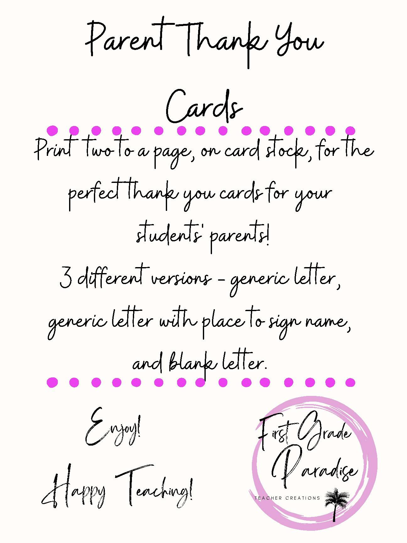 Parent Thank You Cardsfirst Grade Paradise-Teacher Creations for Thank You Cards Printable Tpt