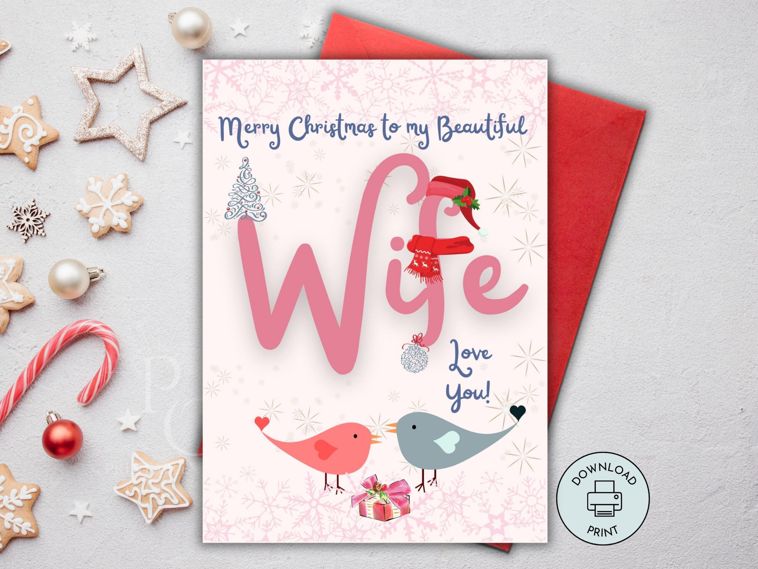Printable Christmas Card For Wife, Merry Christmas Wife Card, Xmas inside Printable Christmas Card For Wife With Love