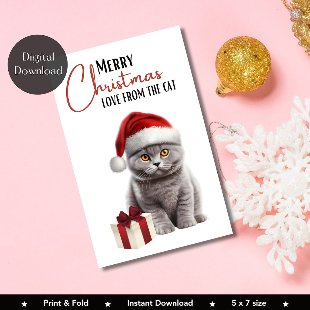 Printable Christmas Card From The Cat, Cat Greetings Card, Print regarding Printable Cat Christmas Card Digital Download