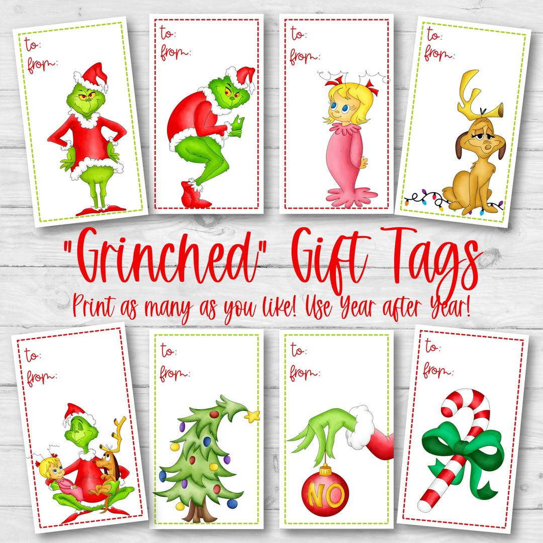 Printable Grinch Gift Tags, Grinch Christmas Gift Tags, 8 Designs within Printable Grinch Christmas Tags