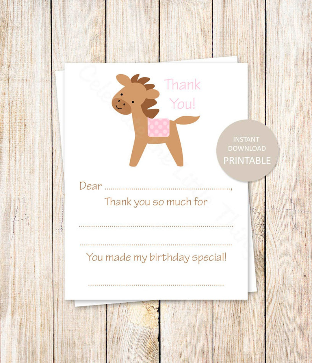 Printable Horse Thank You Cards: Girls Birthday, Pink Pony with Horse Thank You Cards Printable