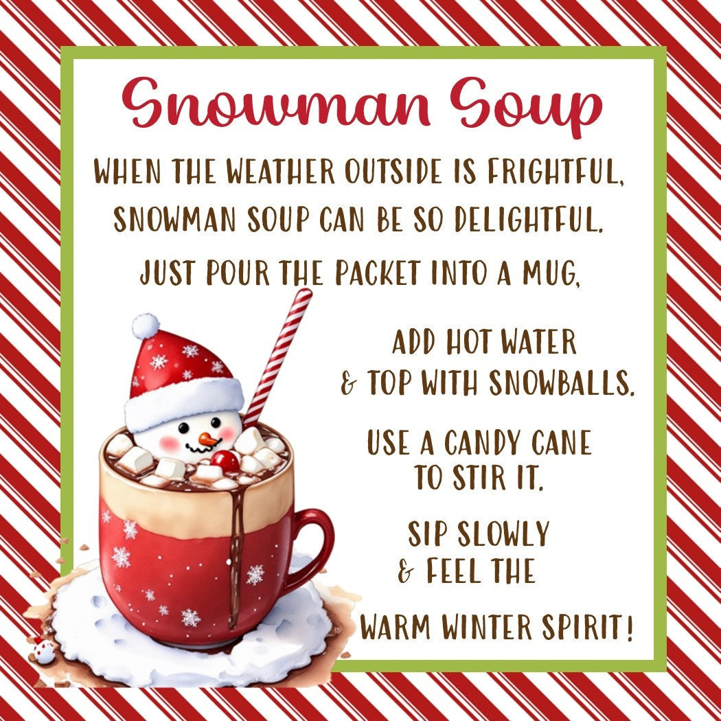 Snowman Soup Favor Tag - Printable File - Instant Download throughout Snowman Soup Printable For Adults