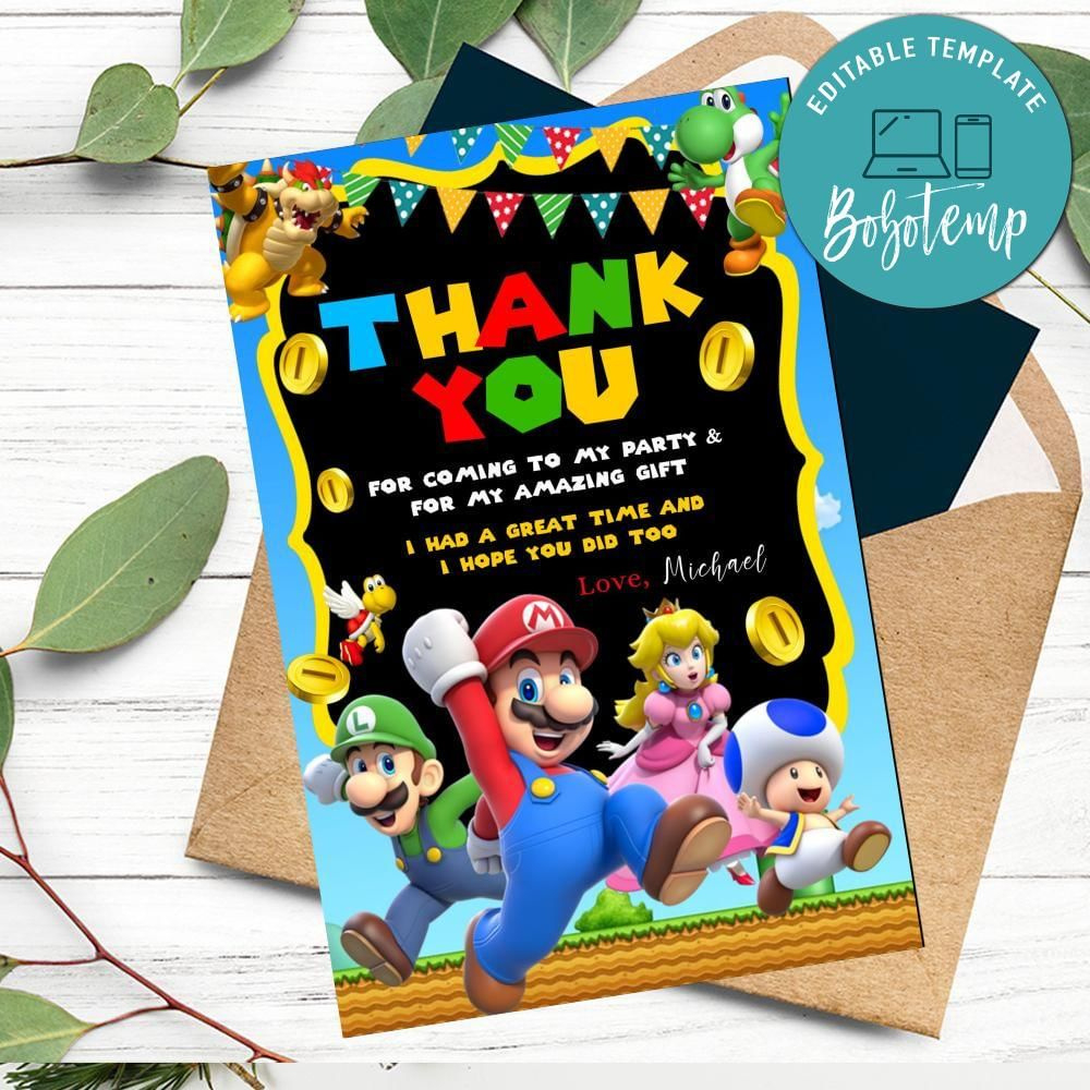 Super Mario Thank You Card Customizable Template Diy | Bobotemp in Mario Thank You Cards Printable