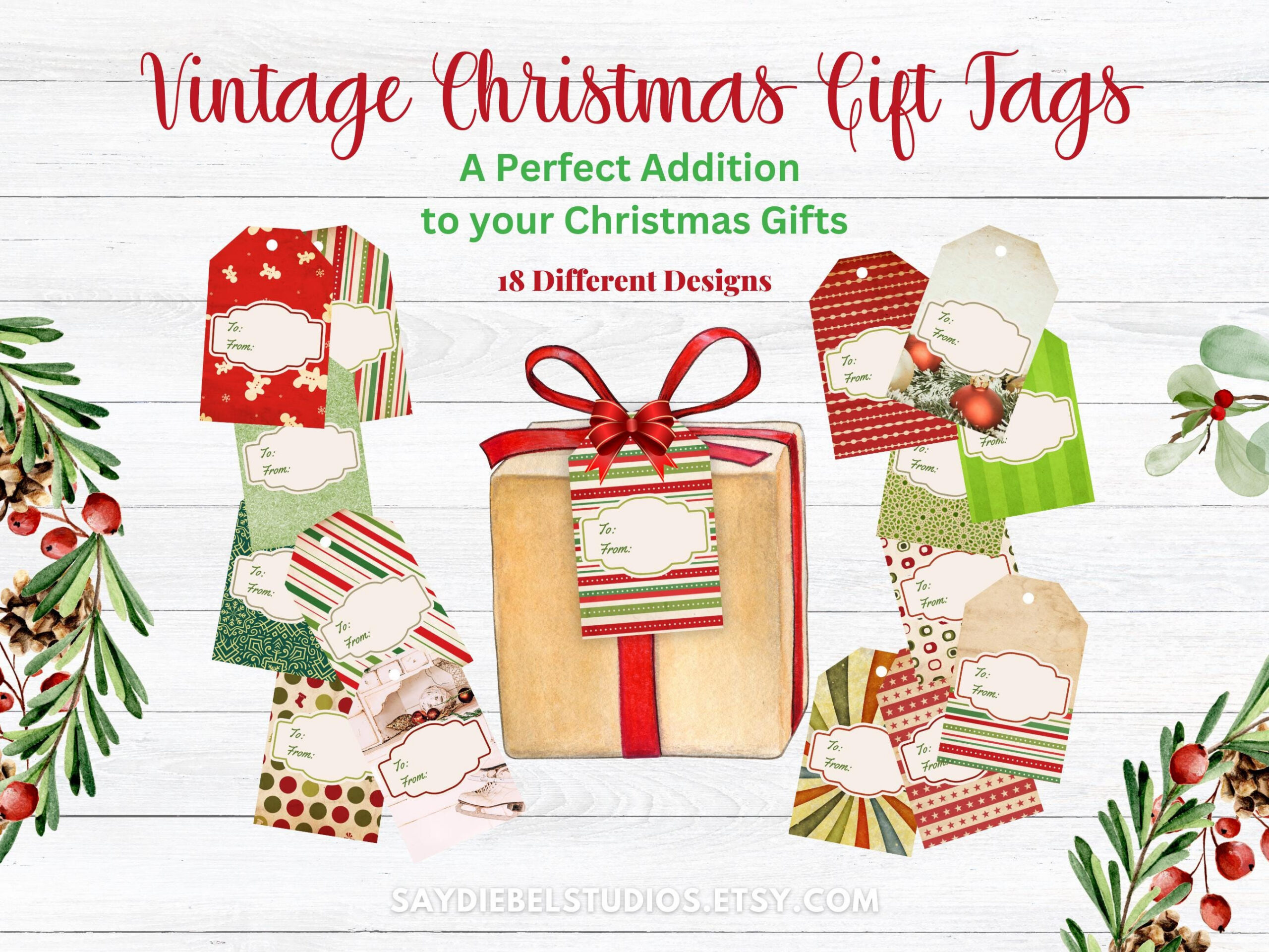 Vintage Christmas Gift Tags, Printable Holiday Diy Tags (Pdf Files with regard to Etsy Printable Christmas Tags